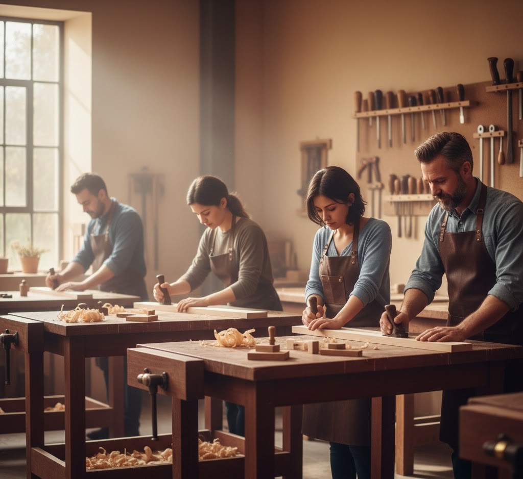 Beginner students learning basic woodworking techniques