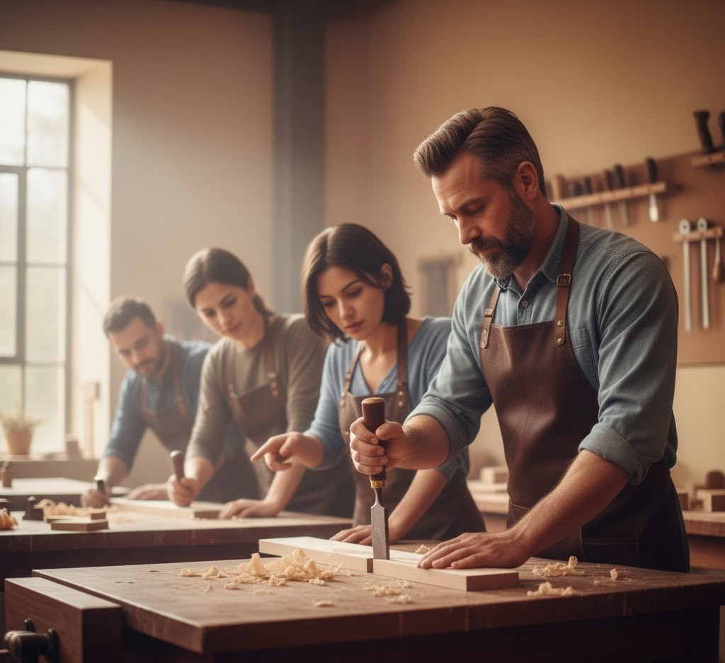 Instructor demonstrating traditional woodworking technique